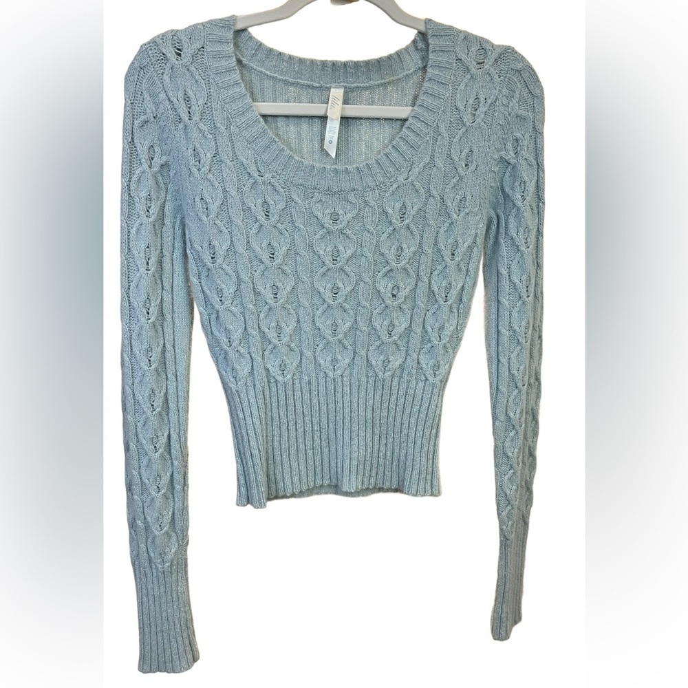 Lilu Light Blue Angora/ wool blend Cable Knit Scoop Neck Sweater